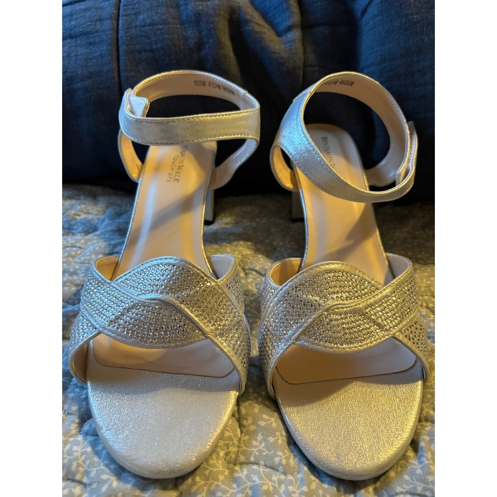 Benjamin Walk Touch Ups Silver Rhinestone Ankle Strap Block Heel Sandals 10.5M